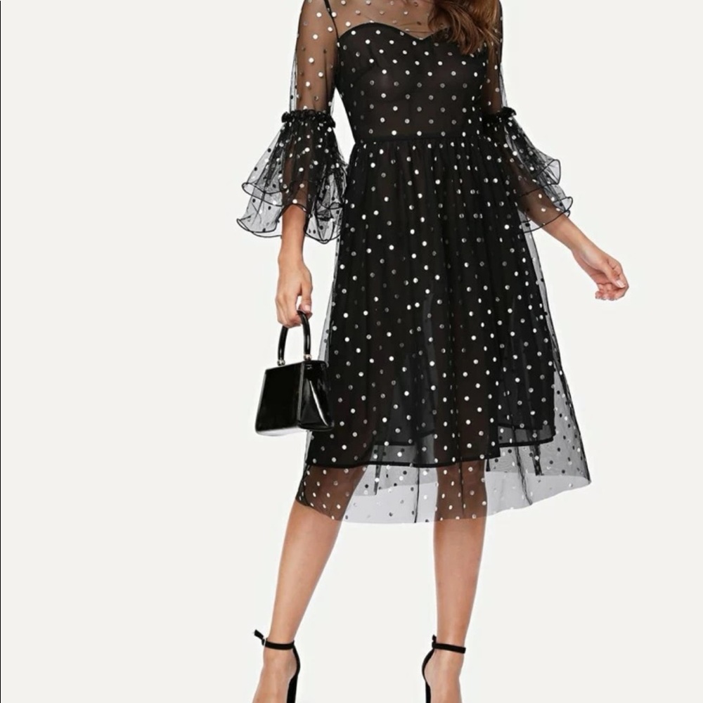Silver Metallic Polkadot Tiered Ruffle Semi Sheer Dress